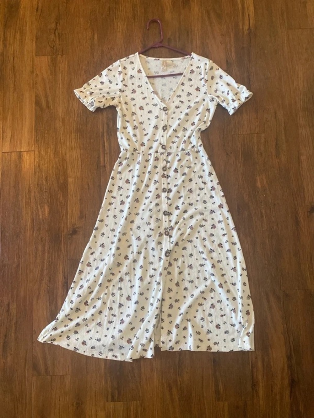 White Floral Button-Front Midi Dress with Tie Waist